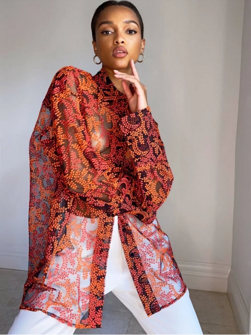 Babaton Statement Sheer Paisley Dot Longline Blouse Shirt in Red and Orange